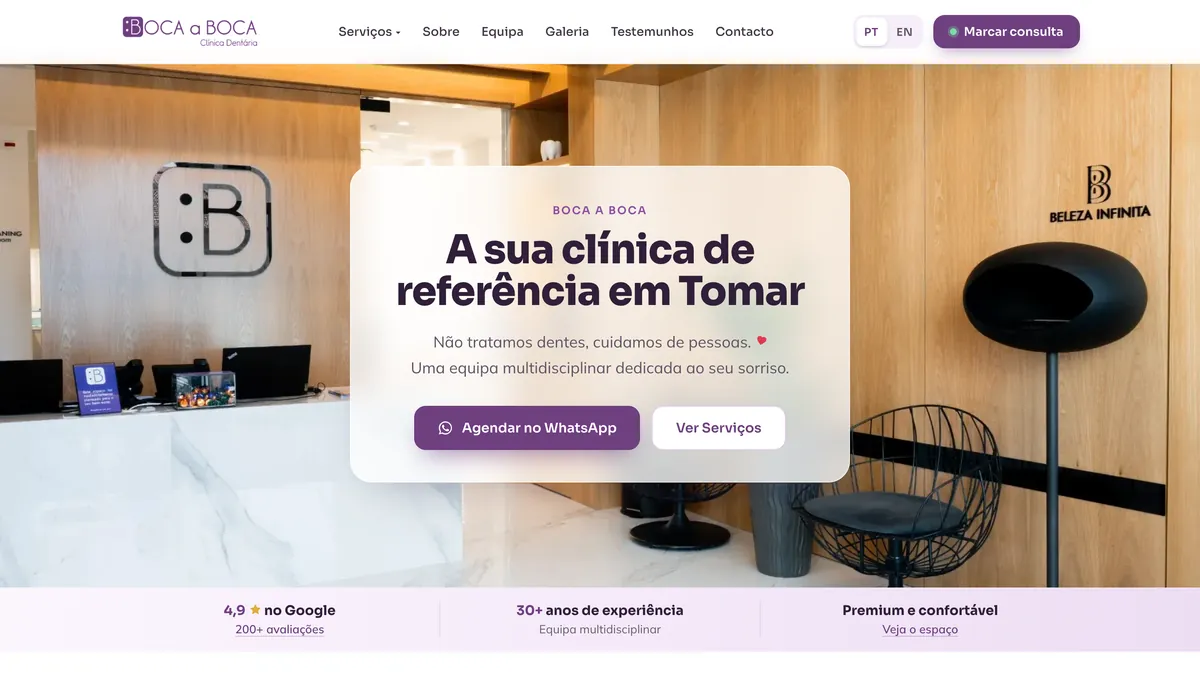 Página inicial do site da Boca a Boca Clínica Dentária