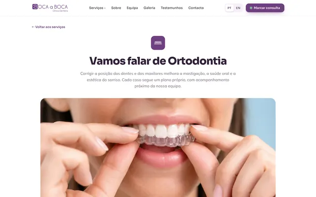 Página de ortodontia do site da Boca a Boca