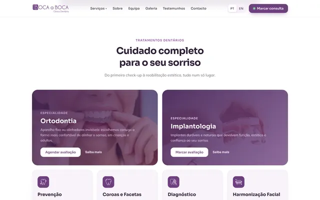 Secção de serviços do site da Boca a Boca