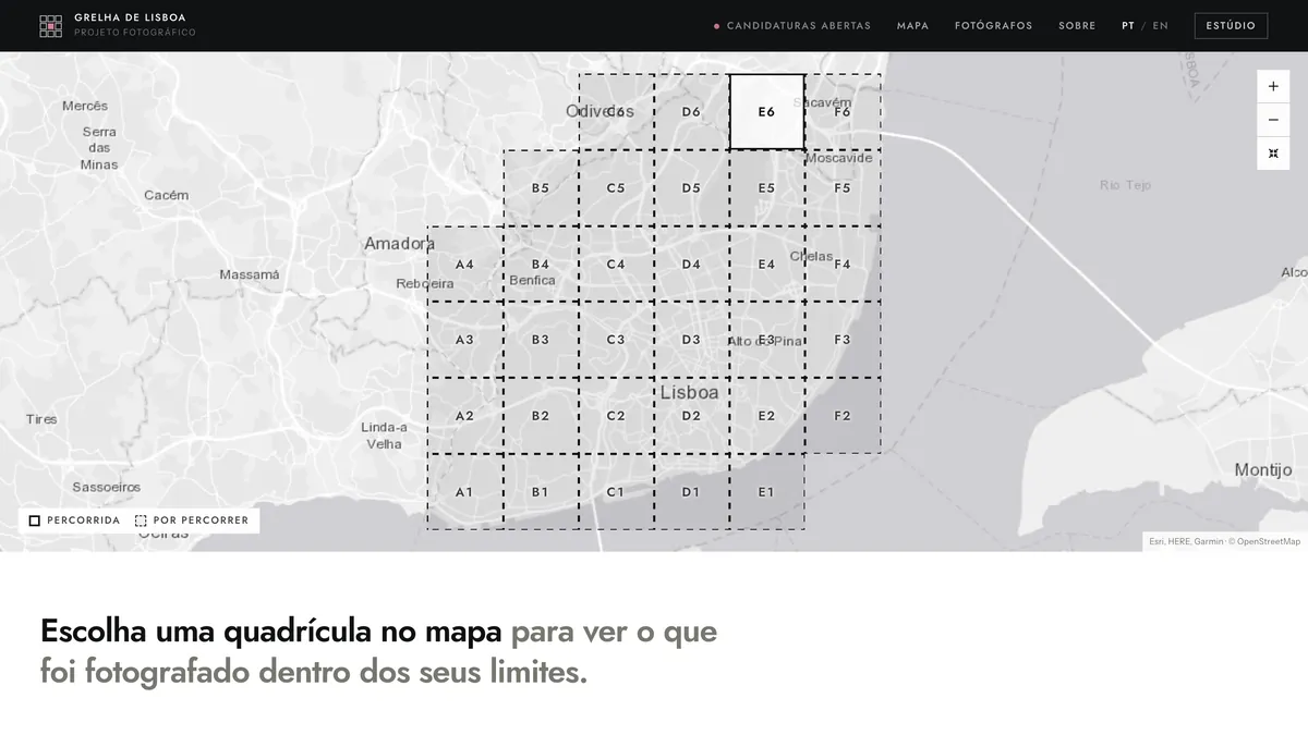 Mapa interativo da Grelha de Lisboa, com a cidade dividida em quadrículas