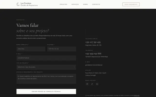Formulário de contacto do site do Arquiteto Luís Candeias
