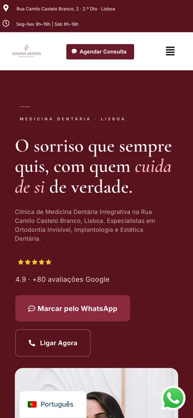 Página inicial do site da Dra. Susana Santos, em telemóvel